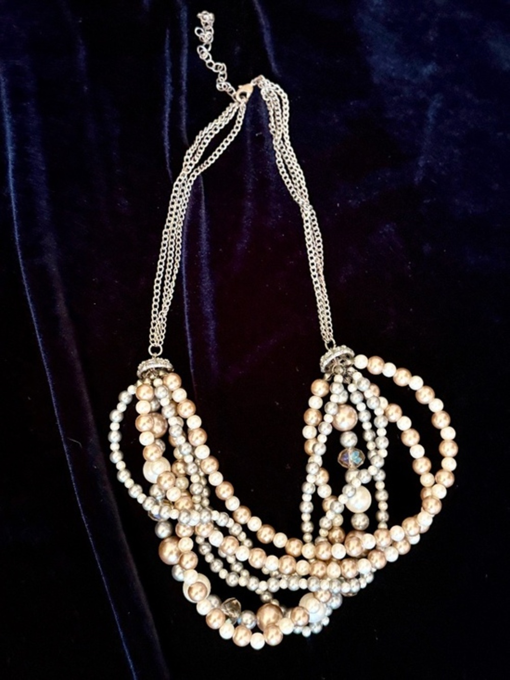 Multi-Strand Faux Pearl Statement Bib Necklace Twisted Torsade Champagne Ivory